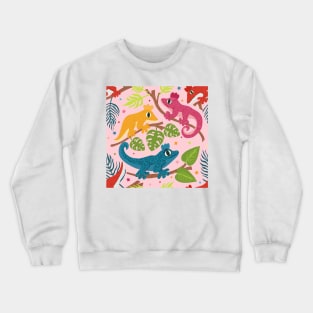 Colourful Crested Geckos with Jungle Leaves and Stars on pale pink Crewneck Sweatshirt